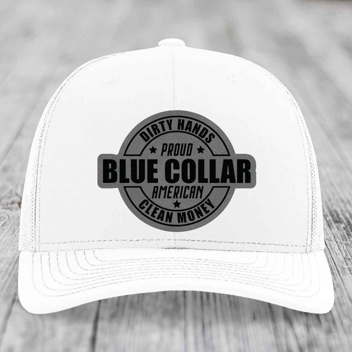 Dirty Hands Clean Money Proud American Blue Collar Worker - Leather Patch Hat - Grey to Black Patch - Richardson 112 Snapback Trucker Hat