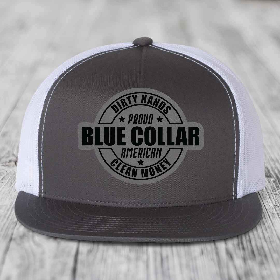 Dirty Hands Clean Money Proud American Blue Collar Worker - Leather Patch Hat - Grey to Black Patch - Yupoong 6006 Snapback Flatbill Hat