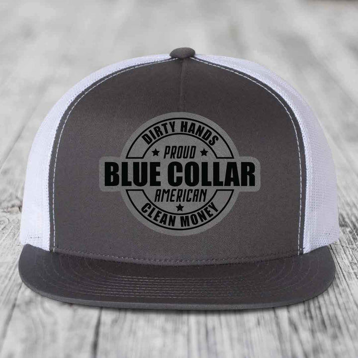 Dirty Hands Clean Money Proud American Blue Collar Worker - Leather Patch Hat - Grey to Black Patch - Yupoong 6006 Snapback Flatbill Hat