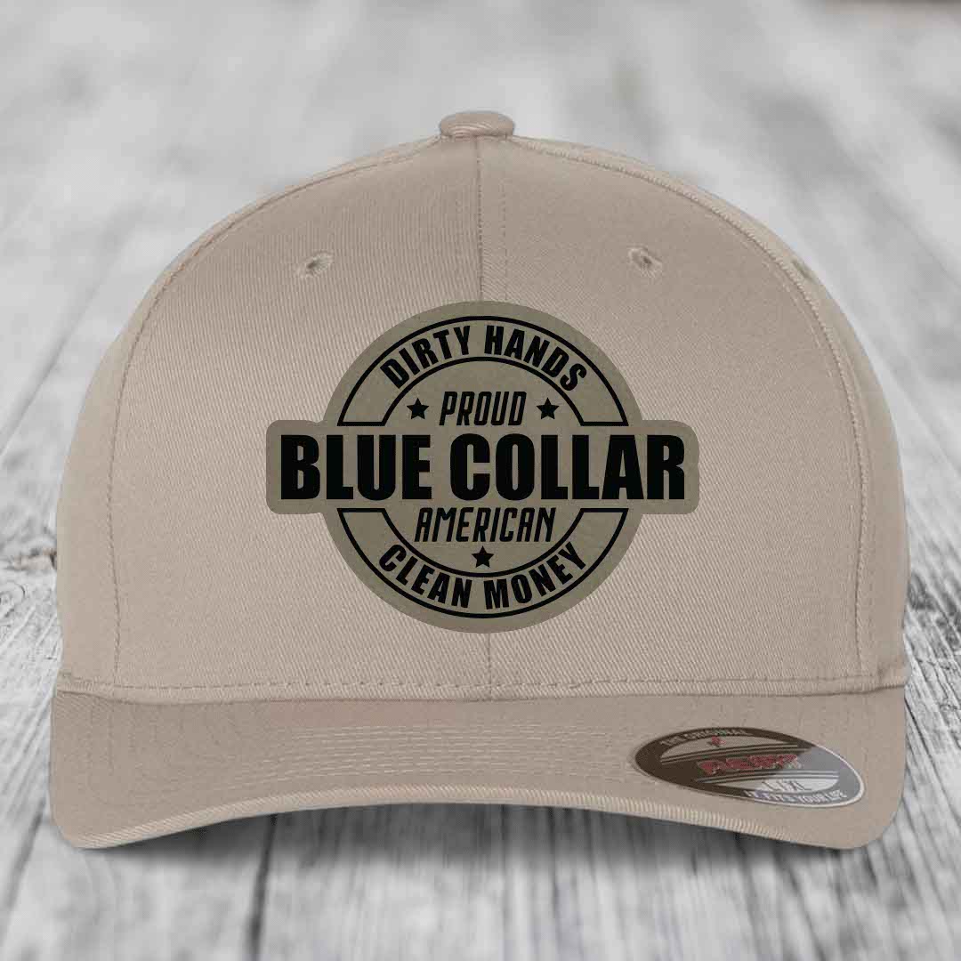 Dirty Hands Clean Money Proud American Blue Collar Worker - Leather Patch Hat - Light Brown to Black Patch - Flexfit 6277 Fitted Hat