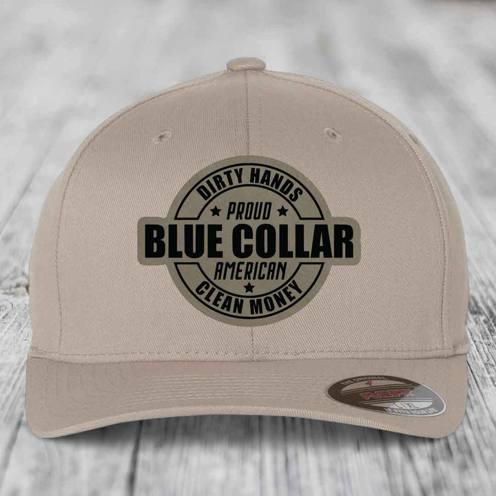 Dirty Hands Clean Money Proud American Blue Collar Worker - Leather Patch Hat - Light Brown to Black Patch - Flexfit 6277 Fitted Hat