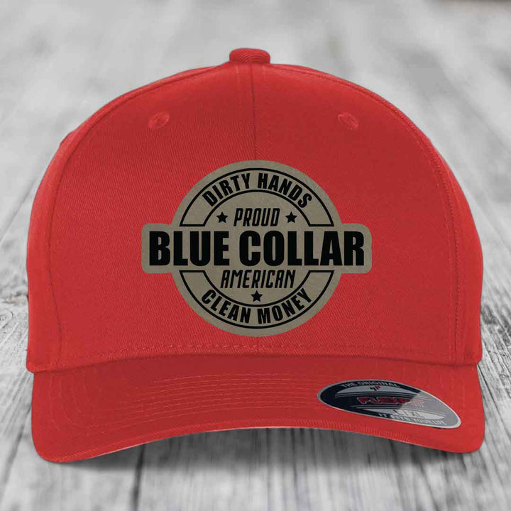 Dirty Hands Clean Money Proud American Blue Collar Worker - Leather Patch Hat - Light Brown to Black Patch - Flexfit 6277 Fitted Hat