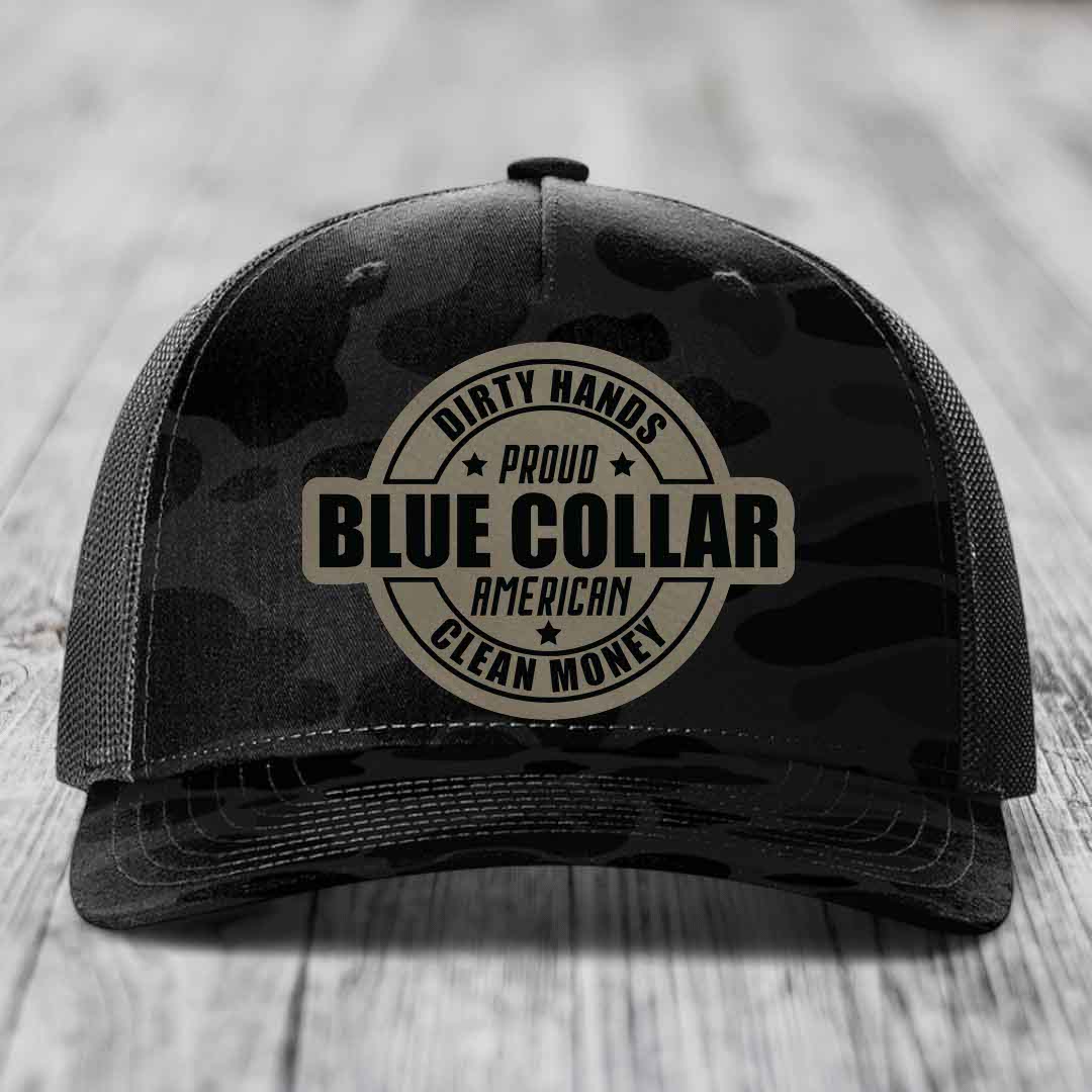 Dirty Hands Clean Money Proud American Blue Collar Worker - Leather Patch Hat - Light Brown to Black Patch - Richardson 112PFP Snapback Trucker Hat