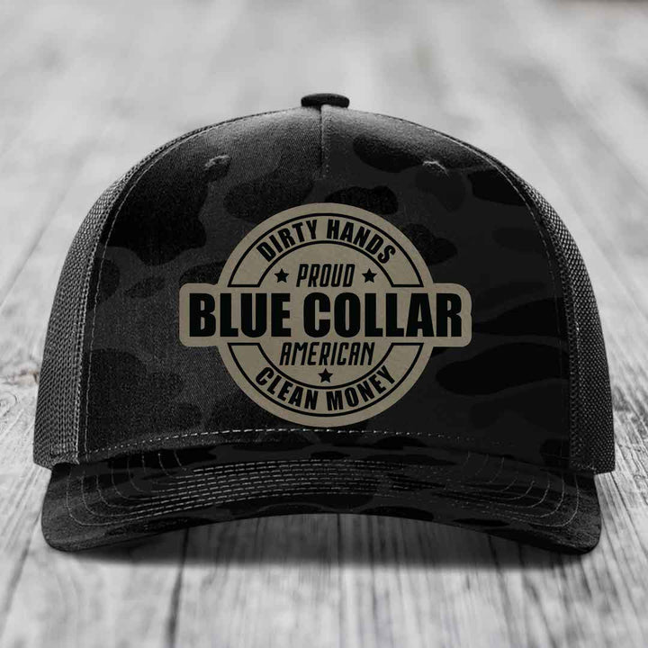 Dirty Hands Clean Money Proud American Blue Collar Worker - Leather Patch Hat - Light Brown to Black Patch - Richardson 112PFP Snapback Trucker Hat