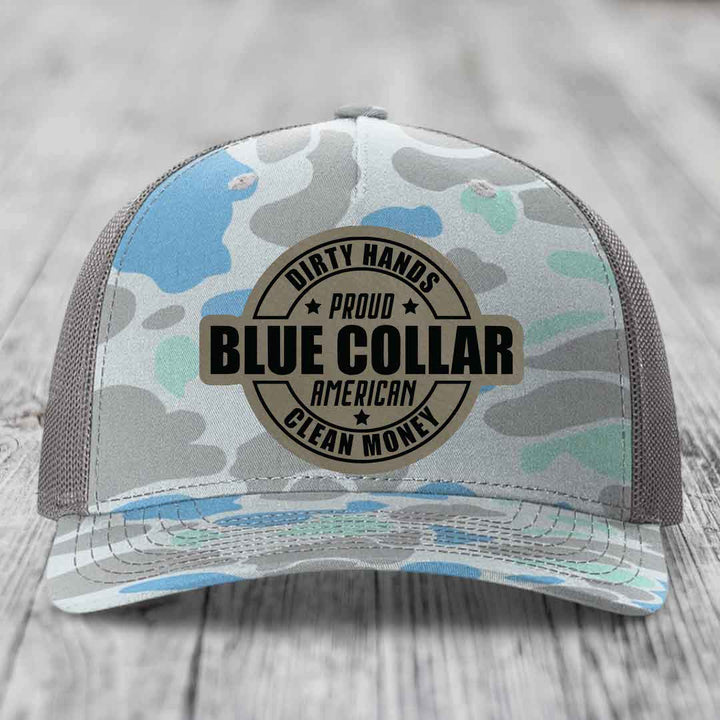 Dirty Hands Clean Money Proud American Blue Collar Worker - Leather Patch Hat - Light Brown to Black Patch - Richardson 112PFP Snapback Trucker Hat