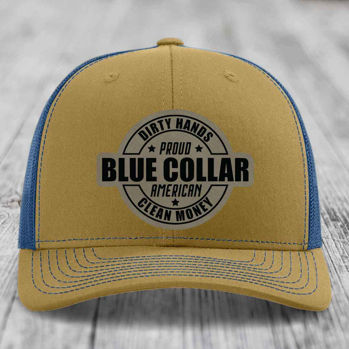 Dirty Hands Clean Money Proud American Blue Collar Worker - Leather Patch Hat - Light Brown to Black Patch - Richardson 112 Snapback Trucker Hat