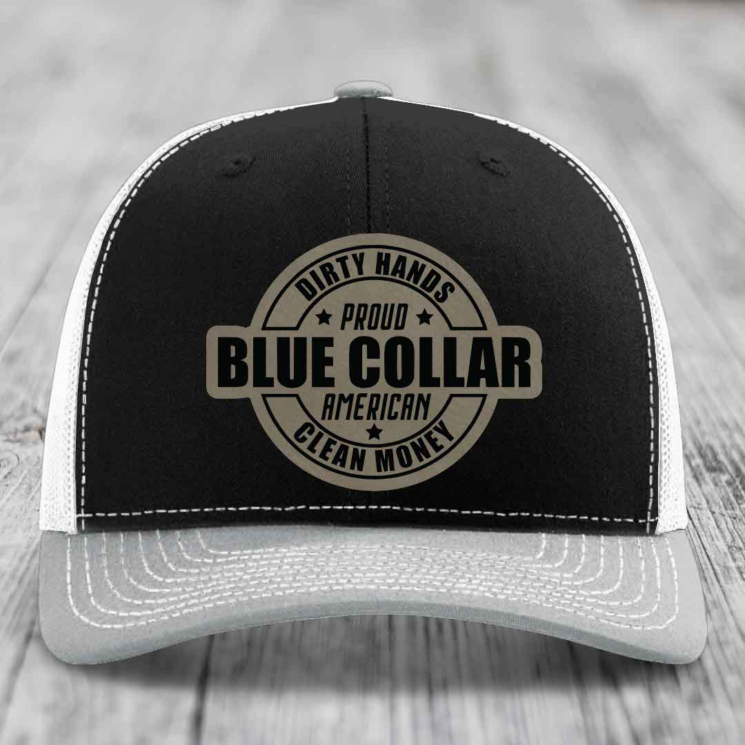 Dirty Hands Clean Money Proud American Blue Collar Worker - Leather Patch Hat - Light Brown to Black Patch - Richardson 112 Snapback Trucker Hat