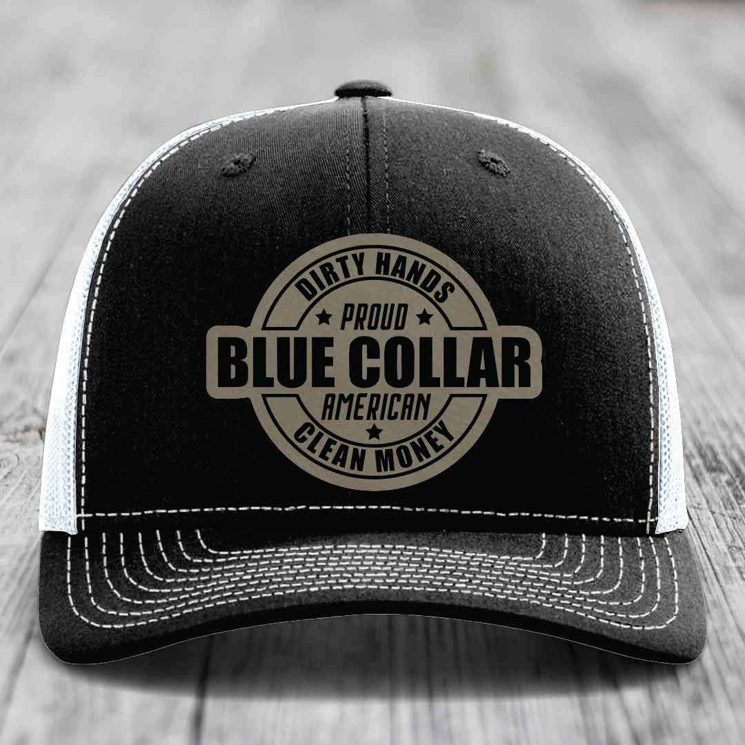 Dirty Hands Clean Money Proud American Blue Collar Worker - Leather Patch Hat - Light Brown to Black Patch - Richardson 112 Snapback Trucker Hat