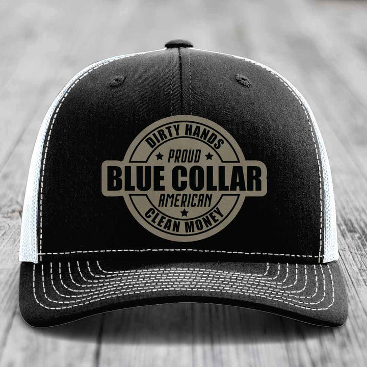 Dirty Hands Clean Money Proud American Blue Collar Worker - Leather Patch Hat - Light Brown to Black Patch - Richardson 112 Snapback Trucker Hat