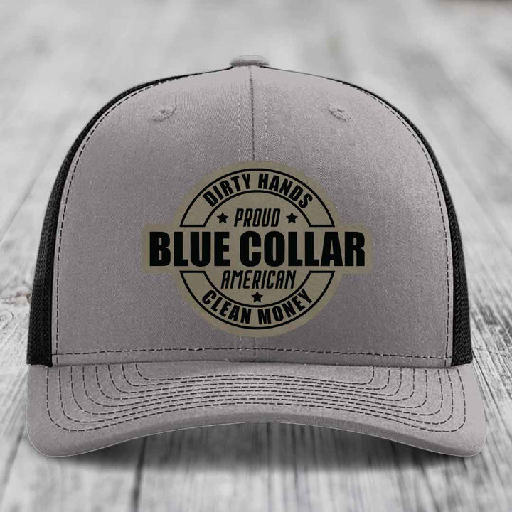 Dirty Hands Clean Money Proud American Blue Collar Worker - Leather Patch Hat - Light Brown to Black Patch - Richardson 112 Snapback Trucker Hat