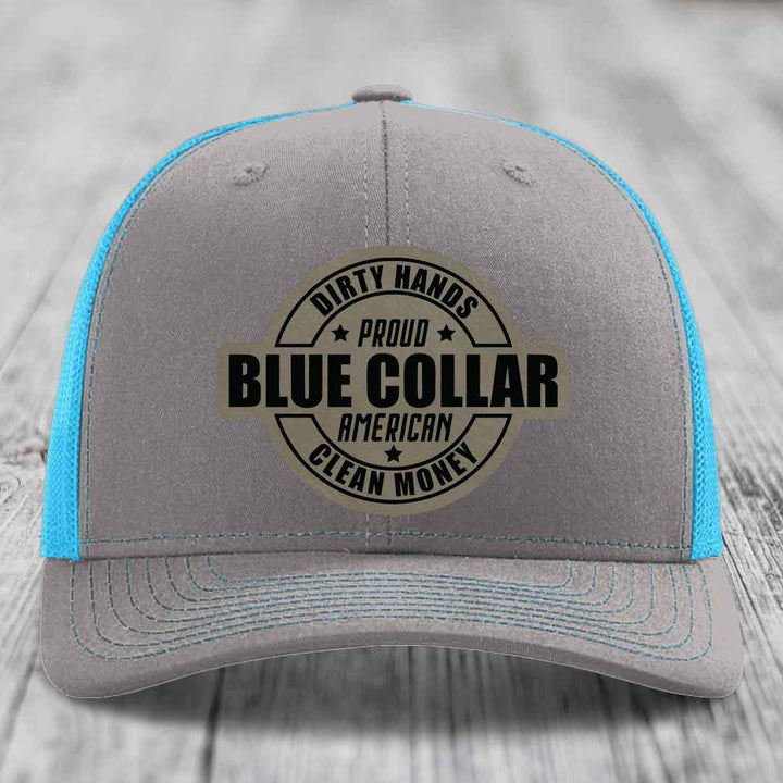 Dirty Hands Clean Money Proud American Blue Collar Worker - Leather Patch Hat - Light Brown to Black Patch - Richardson 112 Snapback Trucker Hat