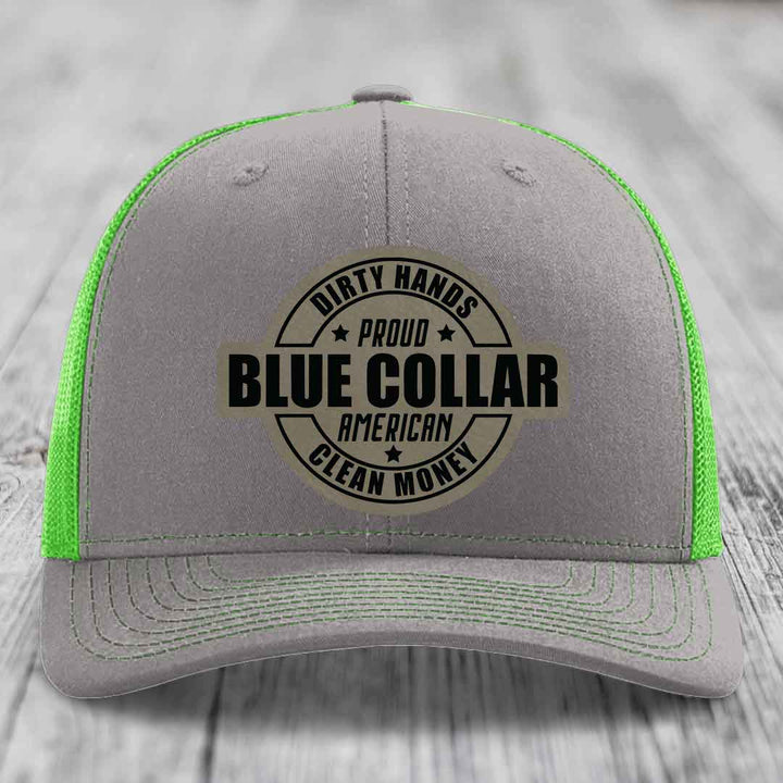 Dirty Hands Clean Money Proud American Blue Collar Worker - Leather Patch Hat - Light Brown to Black Patch - Richardson 112 Snapback Trucker Hat