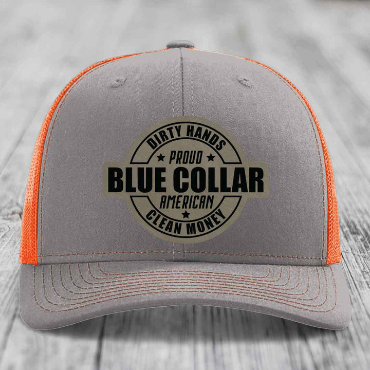 Dirty Hands Clean Money Proud American Blue Collar Worker - Leather Patch Hat - Light Brown to Black Patch - Richardson 112 Snapback Trucker Hat