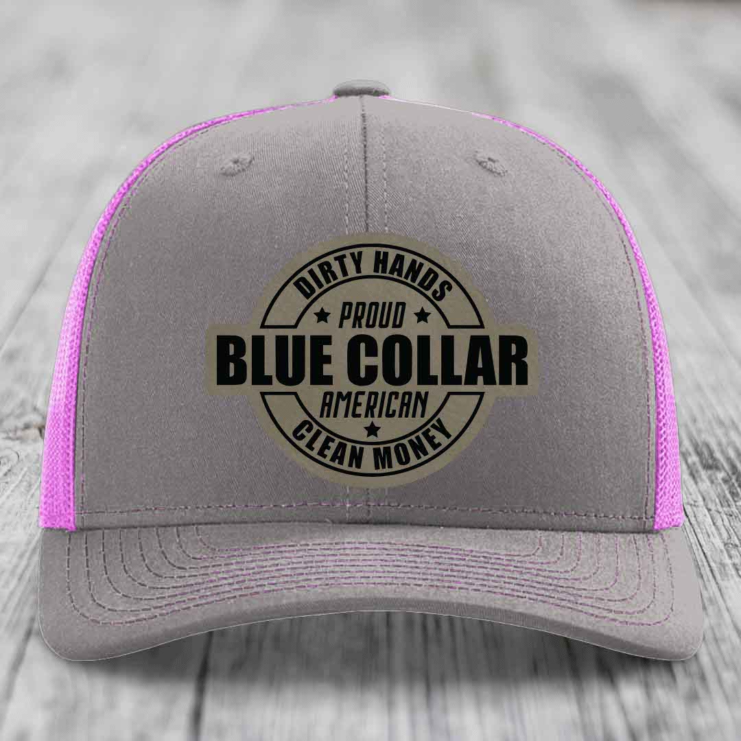 Dirty Hands Clean Money Proud American Blue Collar Worker - Leather Patch Hat - Light Brown to Black Patch - Richardson 112 Snapback Trucker Hat