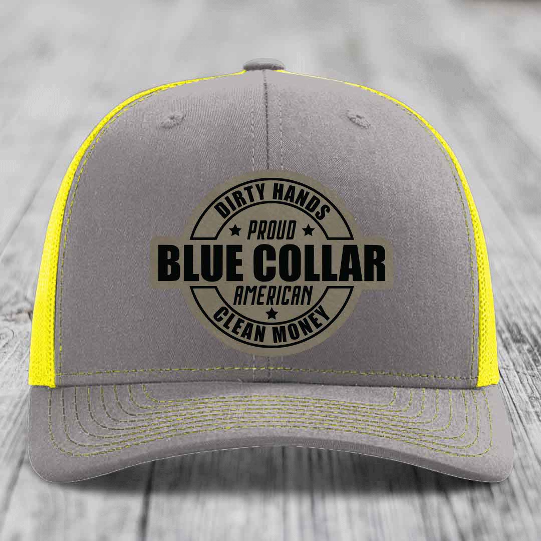 Dirty Hands Clean Money Proud American Blue Collar Worker - Leather Patch Hat - Light Brown to Black Patch - Richardson 112 Snapback Trucker Hat