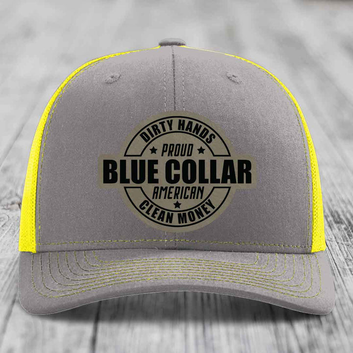 Dirty Hands Clean Money Proud American Blue Collar Worker - Leather Patch Hat - Light Brown to Black Patch - Richardson 112 Snapback Trucker Hat