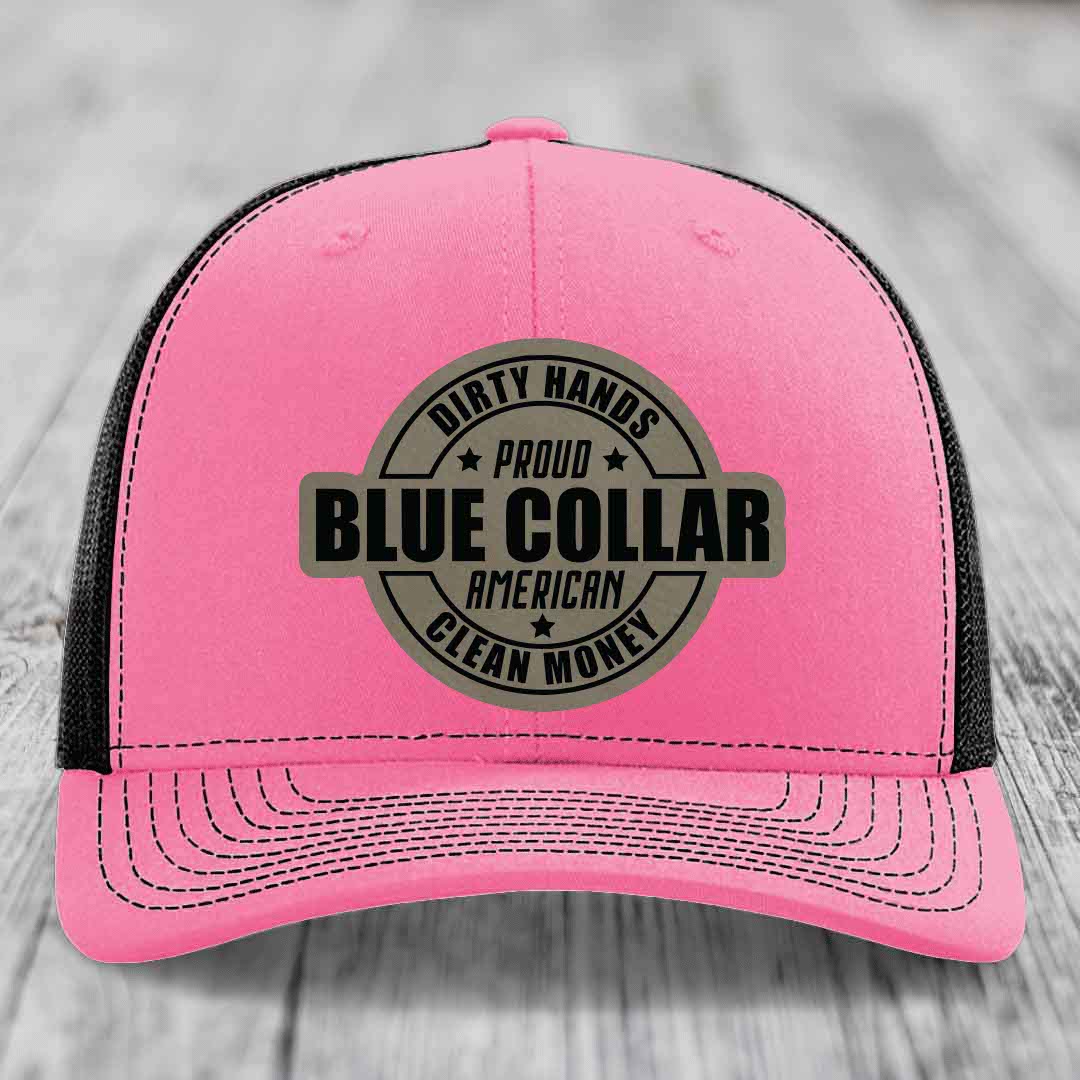 Dirty Hands Clean Money Proud American Blue Collar Worker - Leather Patch Hat - Light Brown to Black Patch - Richardson 112 Snapback Trucker Hat