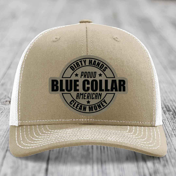 Dirty Hands Clean Money Proud American Blue Collar Worker - Leather Patch Hat - Light Brown to Black Patch - Richardson 112 Snapback Trucker Hat