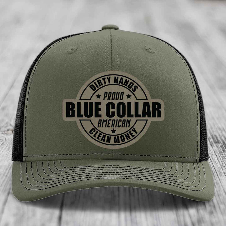 Dirty Hands Clean Money Proud American Blue Collar Worker - Leather Patch Hat - Light Brown to Black Patch - Richardson 112 Snapback Trucker Hat