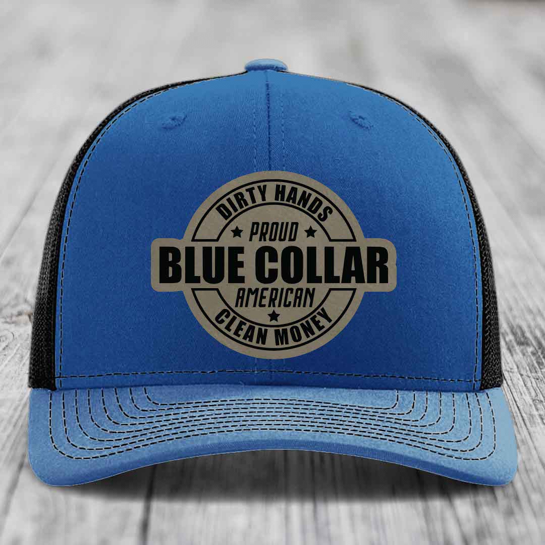 Dirty Hands Clean Money Proud American Blue Collar Worker - Leather Patch Hat - Light Brown to Black Patch - Richardson 112 Snapback Trucker Hat