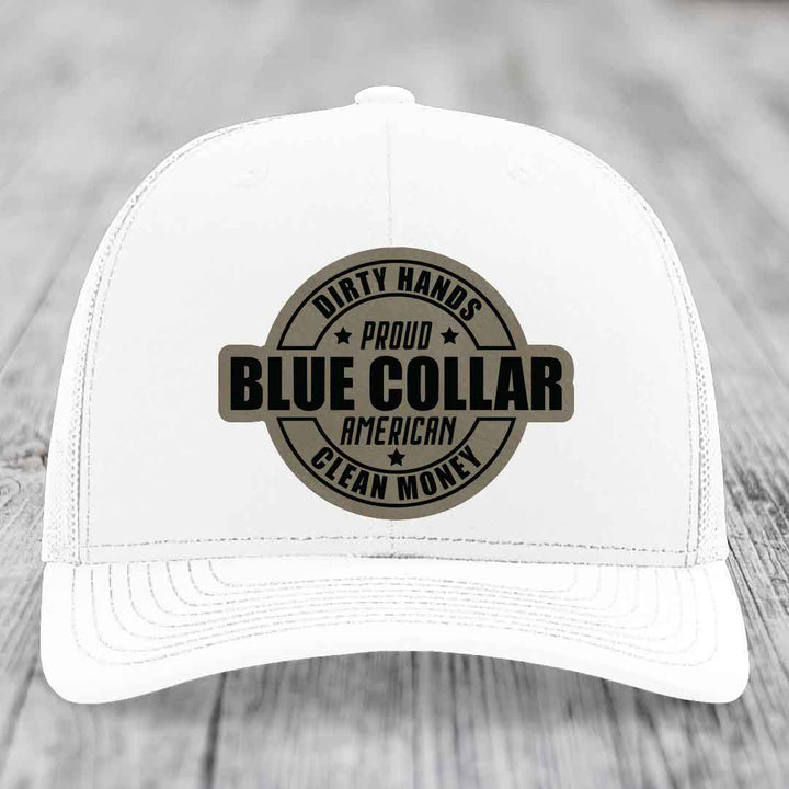Dirty Hands Clean Money Proud American Blue Collar Worker - Leather Patch Hat - Light Brown to Black Patch - Richardson 112 Snapback Trucker Hat