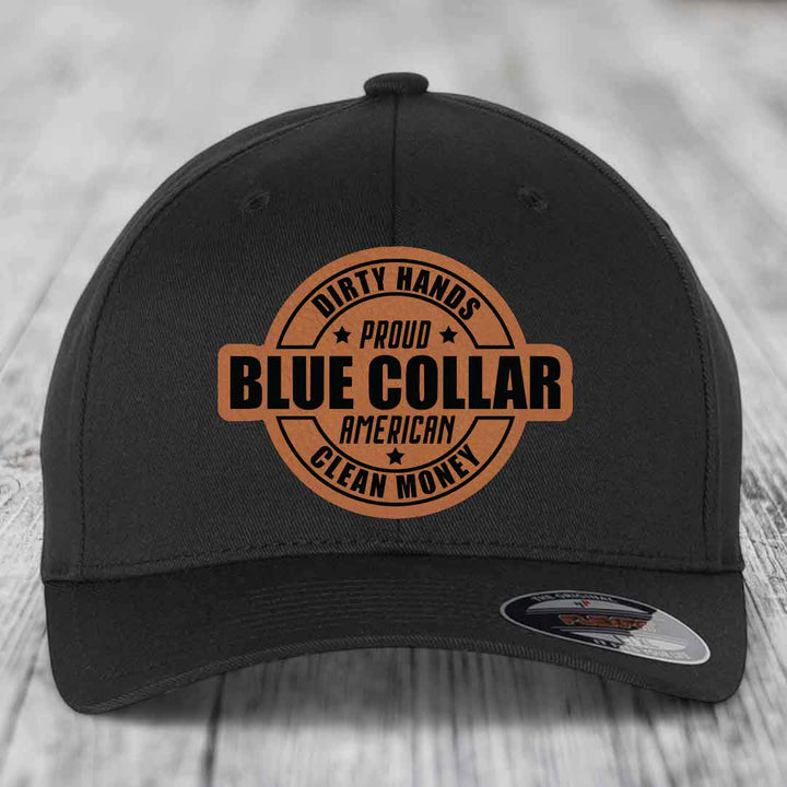 Dirty Hands Clean Money Proud American Blue Collar Worker - Leather Patch Hat - Rawhide to Black Patch - Flexfit 6277 Fitted Hat