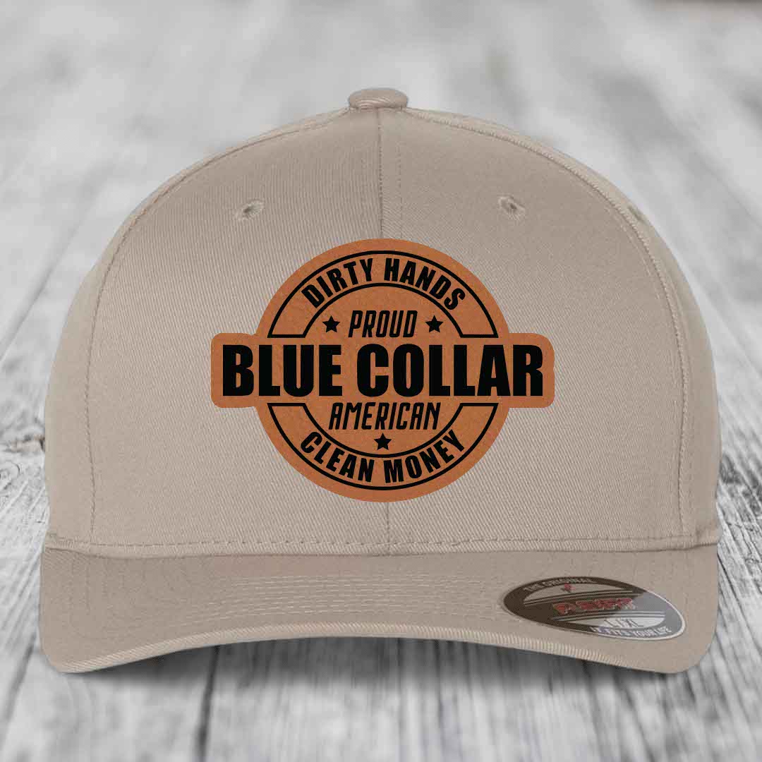 Dirty Hands Clean Money Proud American Blue Collar Worker - Leather Patch Hat - Rawhide to Black Patch - Flexfit 6277 Fitted Hat