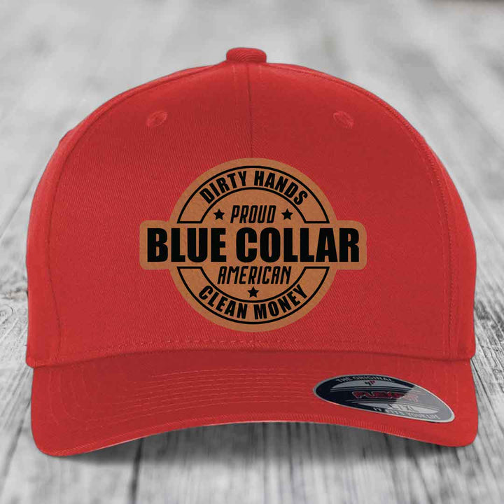 Dirty Hands Clean Money Proud American Blue Collar Worker - Leather Patch Hat - Rawhide to Black Patch - Flexfit 6277 Fitted Hat