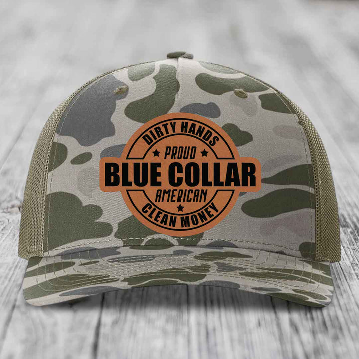 Dirty Hands Clean Money Proud American Blue Collar Worker - Leather Patch Hat - Rawhide to Black Patch - Richardson 112PFP Snapback Trucker Hat