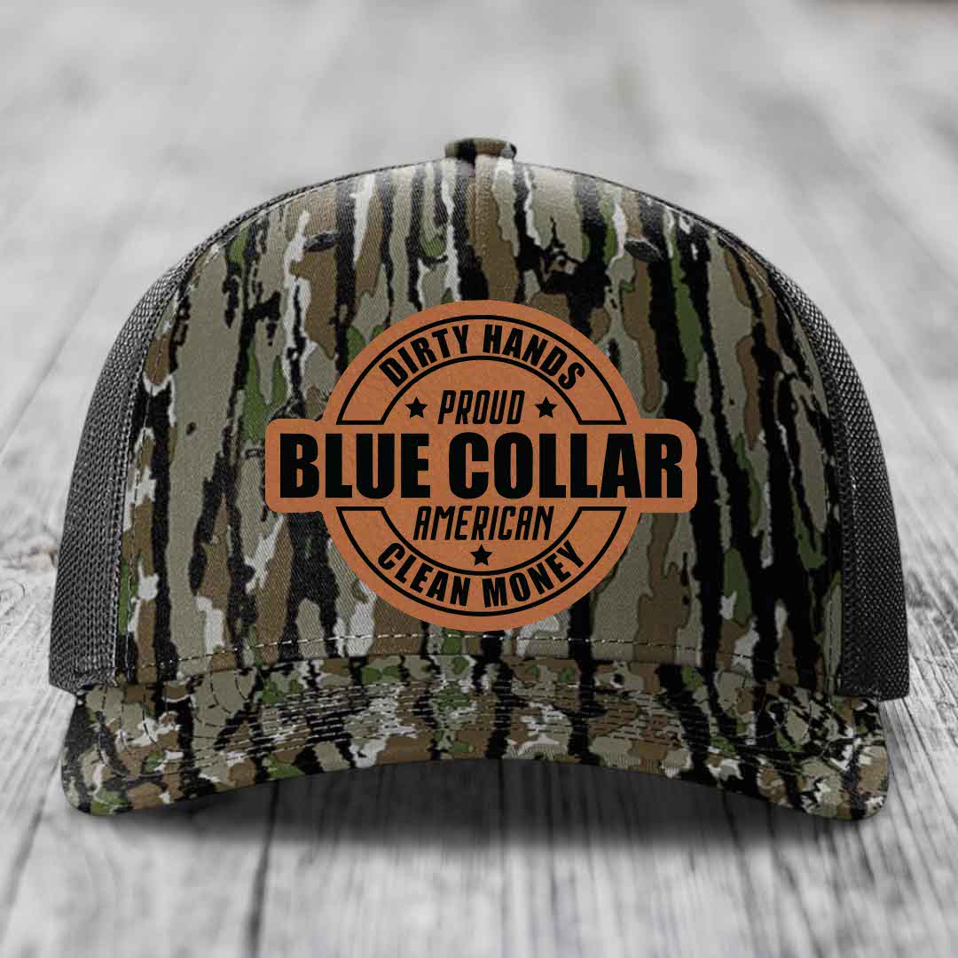 Dirty Hands Clean Money Proud American Blue Collar Worker - Leather Patch Hat - Rawhide to Black Patch - Richardson 112PFP Snapback Trucker Hat