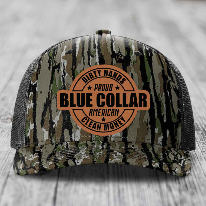 Dirty Hands Clean Money Proud American Blue Collar Worker - Leather Patch Hat - Rawhide to Black Patch - Richardson 112PFP Snapback Trucker Hat