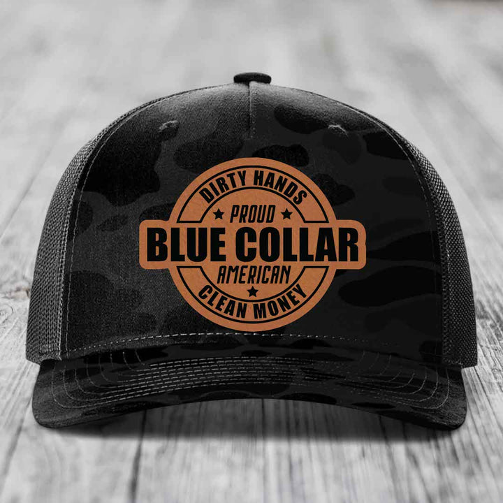Dirty Hands Clean Money Proud American Blue Collar Worker - Leather Patch Hat - Rawhide to Black Patch - Richardson 112PFP Snapback Trucker Hat