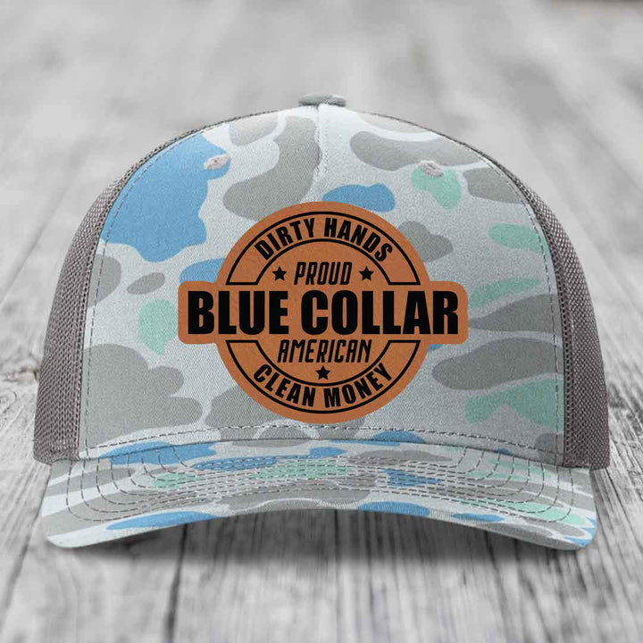 Dirty Hands Clean Money Proud American Blue Collar Worker - Leather Patch Hat - Rawhide to Black Patch - Richardson 112PFP Snapback Trucker Hat
