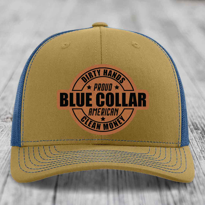 Dirty Hands Clean Money Proud American Blue Collar Worker - Leather Patch Hat - Rawhide to Black Patch - Richardson 112 Snapback Trucker Hat