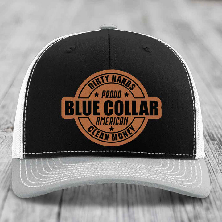 Dirty Hands Clean Money Proud American Blue Collar Worker - Leather Patch Hat - Rawhide to Black Patch - Richardson 112 Snapback Trucker Hat