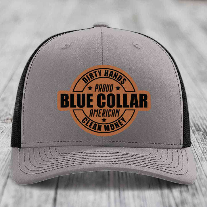 Dirty Hands Clean Money Proud American Blue Collar Worker - Leather Patch Hat - Rawhide to Black Patch - Richardson 112 Snapback Trucker Hat