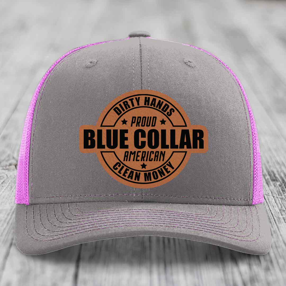 Dirty Hands Clean Money Proud American Blue Collar Worker - Leather Patch Hat - Rawhide to Black Patch - Richardson 112 Snapback Trucker Hat