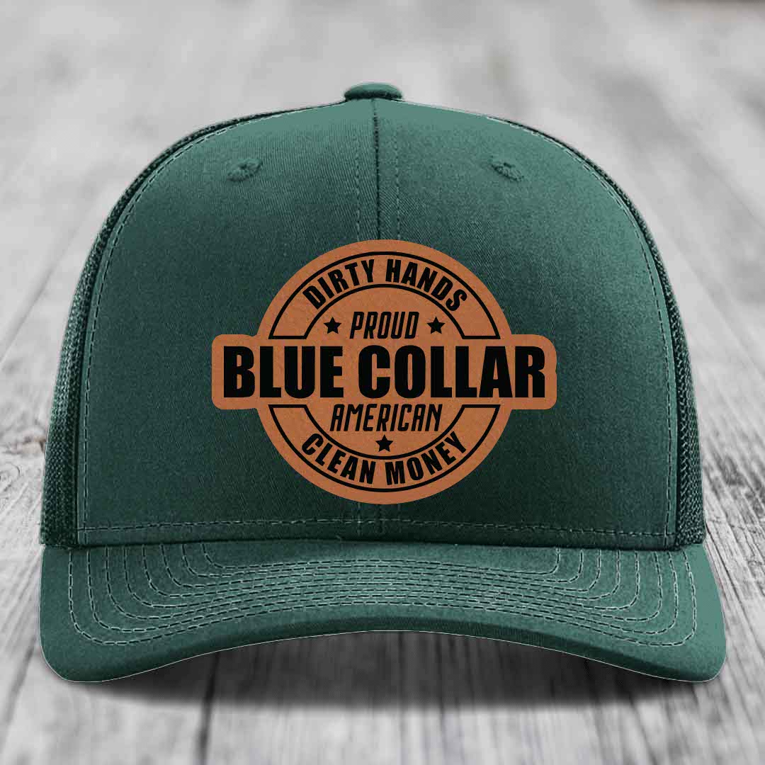 Dirty Hands Clean Money Proud American Blue Collar Worker - Leather Patch Hat - Rawhide to Black Patch - Richardson 112 Snapback Trucker Hat
