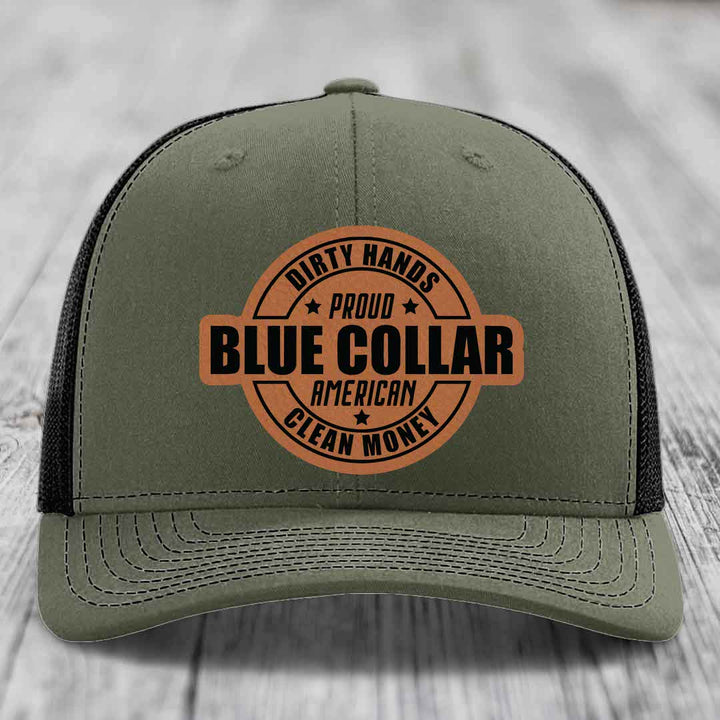 Dirty Hands Clean Money Proud American Blue Collar Worker - Leather Patch Hat - Rawhide to Black Patch - Richardson 112 Snapback Trucker Hat