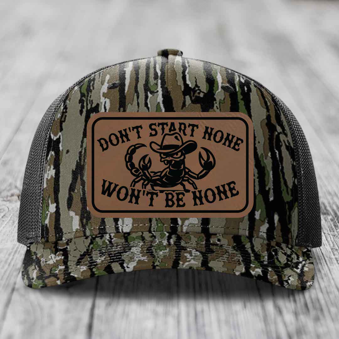Dont Start None Wont Be None - Leather Patch Hat - Dark Brown to Black Patch - Richardson 112PFP Snapback Trucker Hat