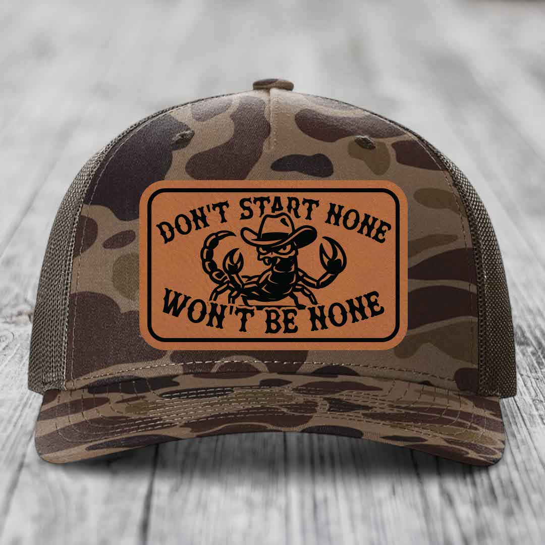 Dont Start None Wont Be None - Leather Patch Hat - Rawhide to Black Patch - Richardson 112PFP Snapback Trucker Hat