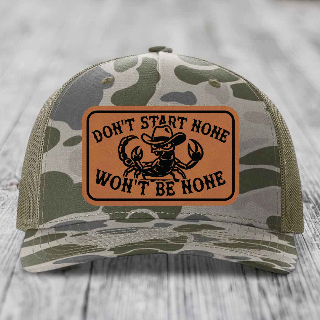 Dont Start None Wont Be None - Leather Patch Hat - Rawhide to Black Patch - Richardson 112PFP Snapback Trucker Hat