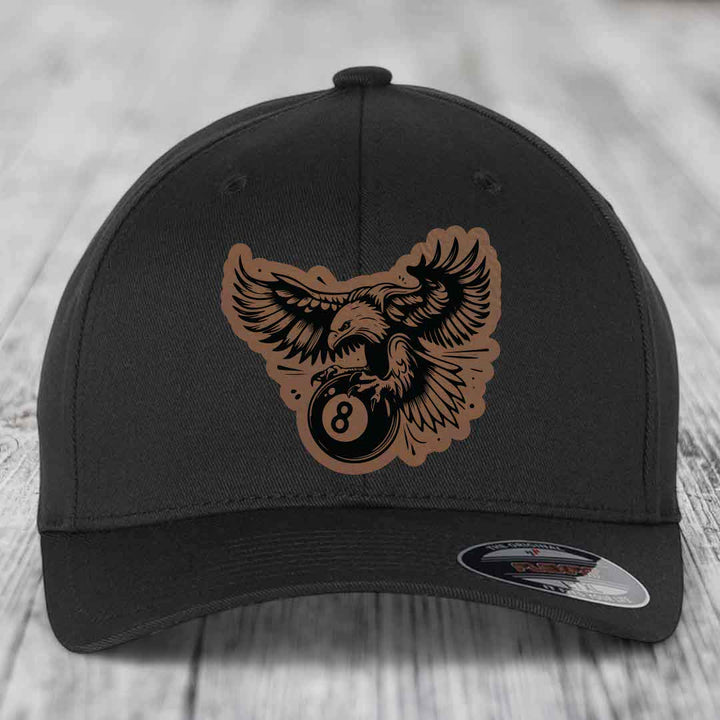 Eagle 8 Ball - Leather Patch Hat - Dark Brown to Black Patch - Flexfit 6277 Fitted Hat