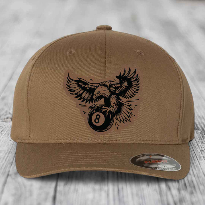 Eagle 8 Ball - Leather Patch Hat - Dark Brown to Black Patch - Flexfit 6277 Fitted Hat