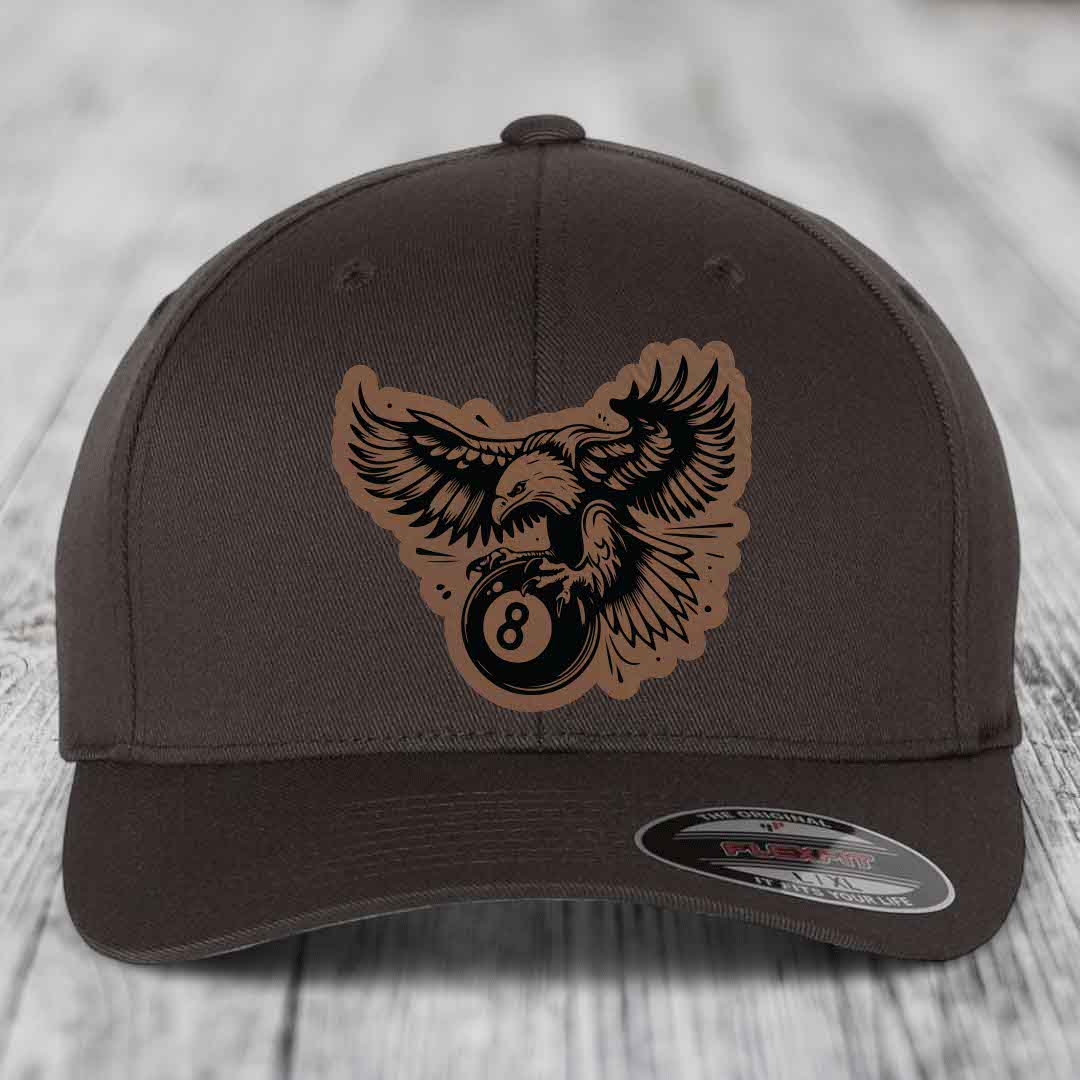 Eagle 8 Ball - Leather Patch Hat - Dark Brown to Black Patch - Flexfit 6277 Fitted Hat