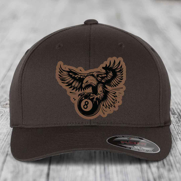 Eagle 8 Ball - Leather Patch Hat - Dark Brown to Black Patch - Flexfit 6277 Fitted Hat