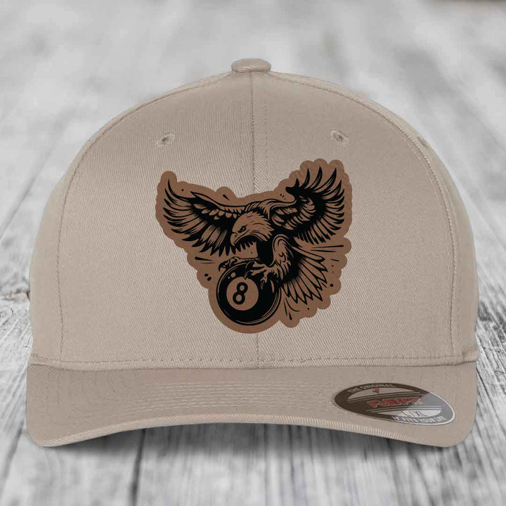 Eagle 8 Ball - Leather Patch Hat - Dark Brown to Black Patch - Flexfit 6277 Fitted Hat