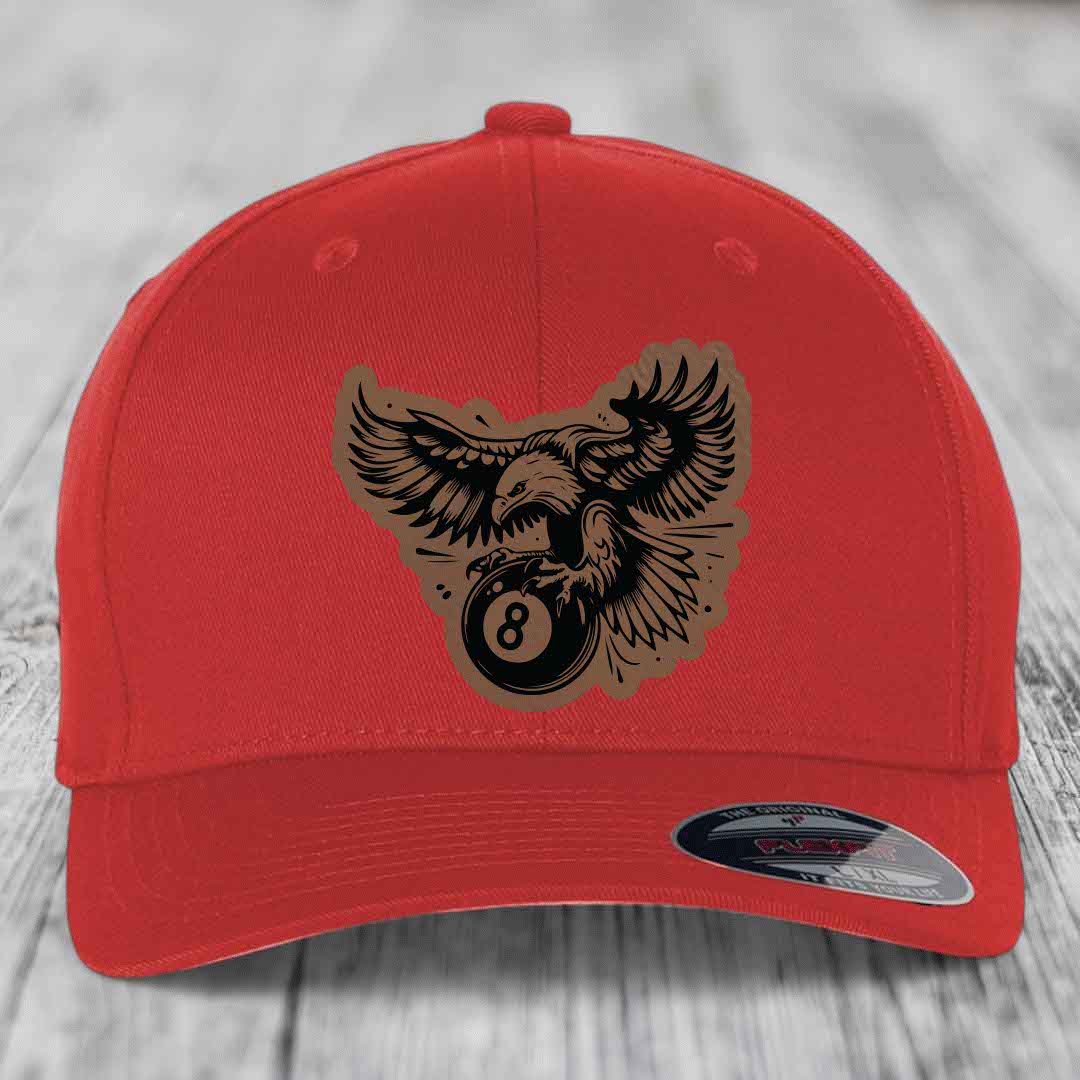 Eagle 8 Ball - Leather Patch Hat - Dark Brown to Black Patch - Flexfit 6277 Fitted Hat