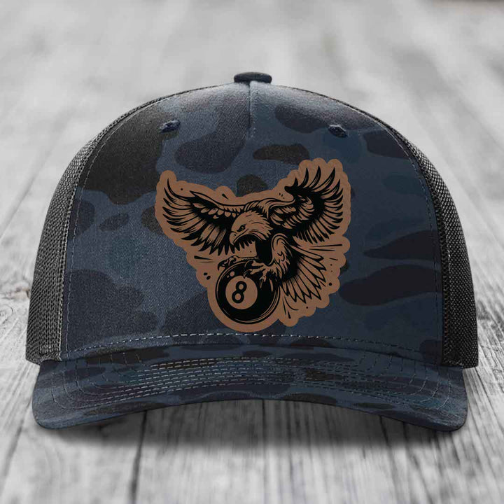 Eagle 8 Ball - Leather Patch Hat - Dark Brown to Black Patch - Richardson 112PFP Snapback Trucker Hat