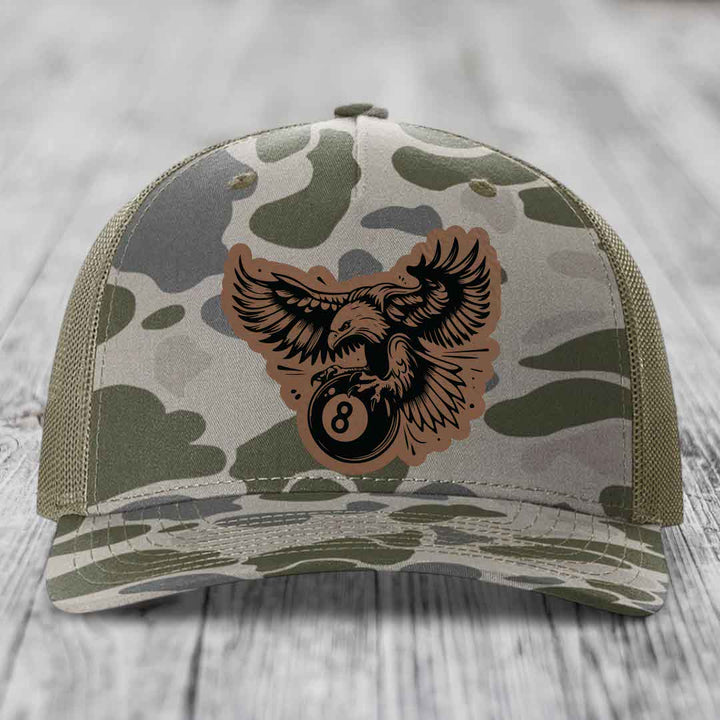 Eagle 8 Ball - Leather Patch Hat - Dark Brown to Black Patch - Richardson 112PFP Snapback Trucker Hat
